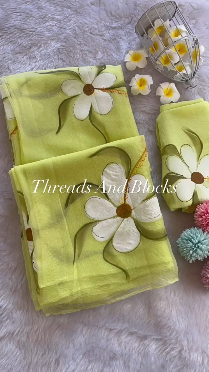 Sun-Kissed Floral Hand-Painted Chiffon Saree – Available in Lemon Yellow & Pastel Sage