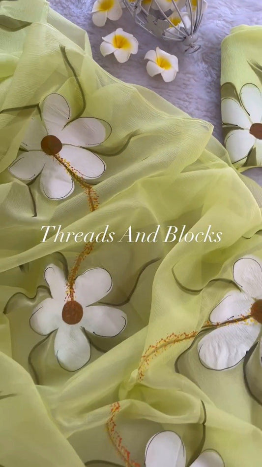 Sun-Kissed Floral Hand-Painted Chiffon Saree – Available in Lemon Yellow & Pastel Sage