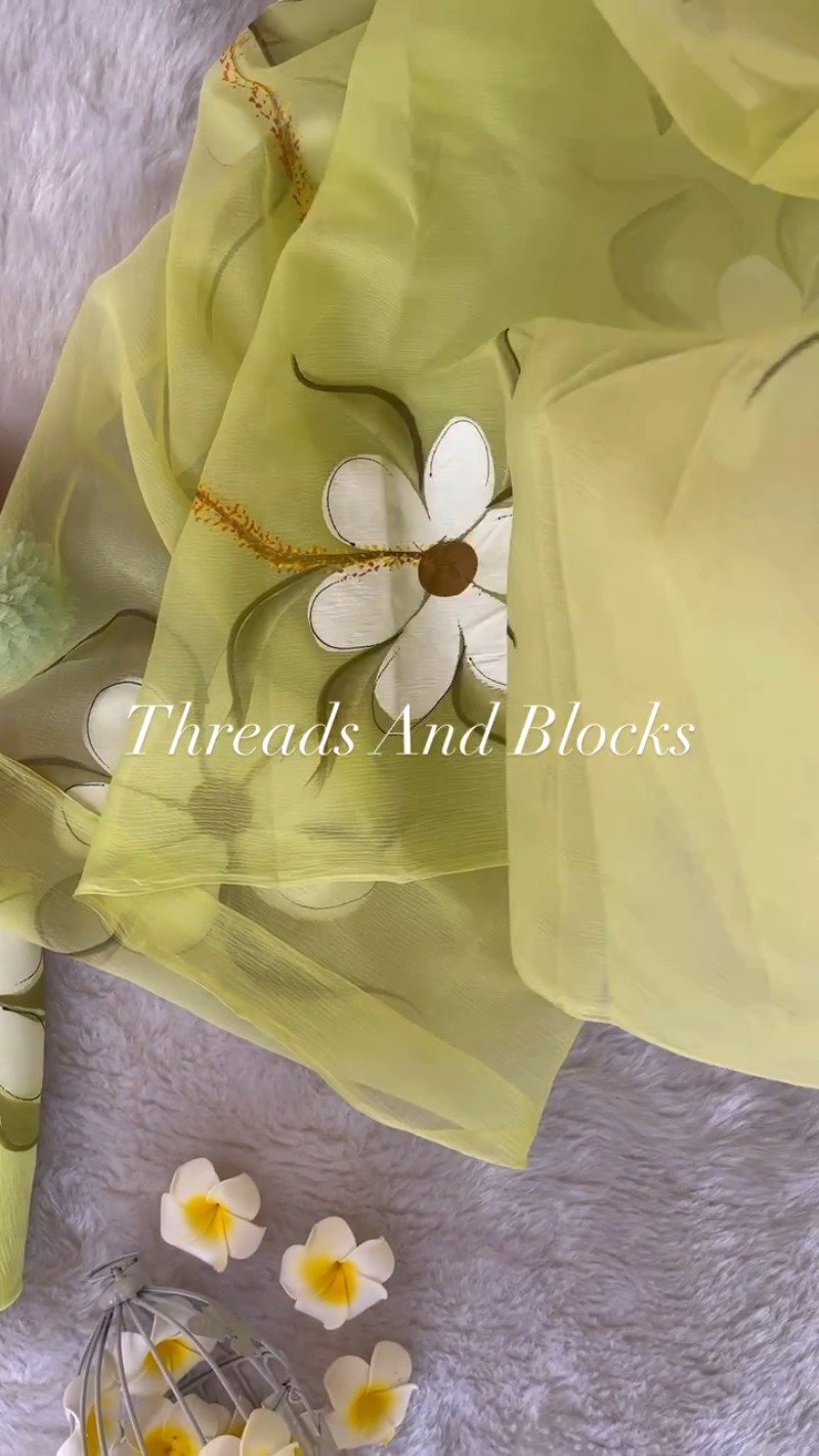 Sun-Kissed Floral Hand-Painted Chiffon Saree – Available in Lemon Yellow & Pastel Sage