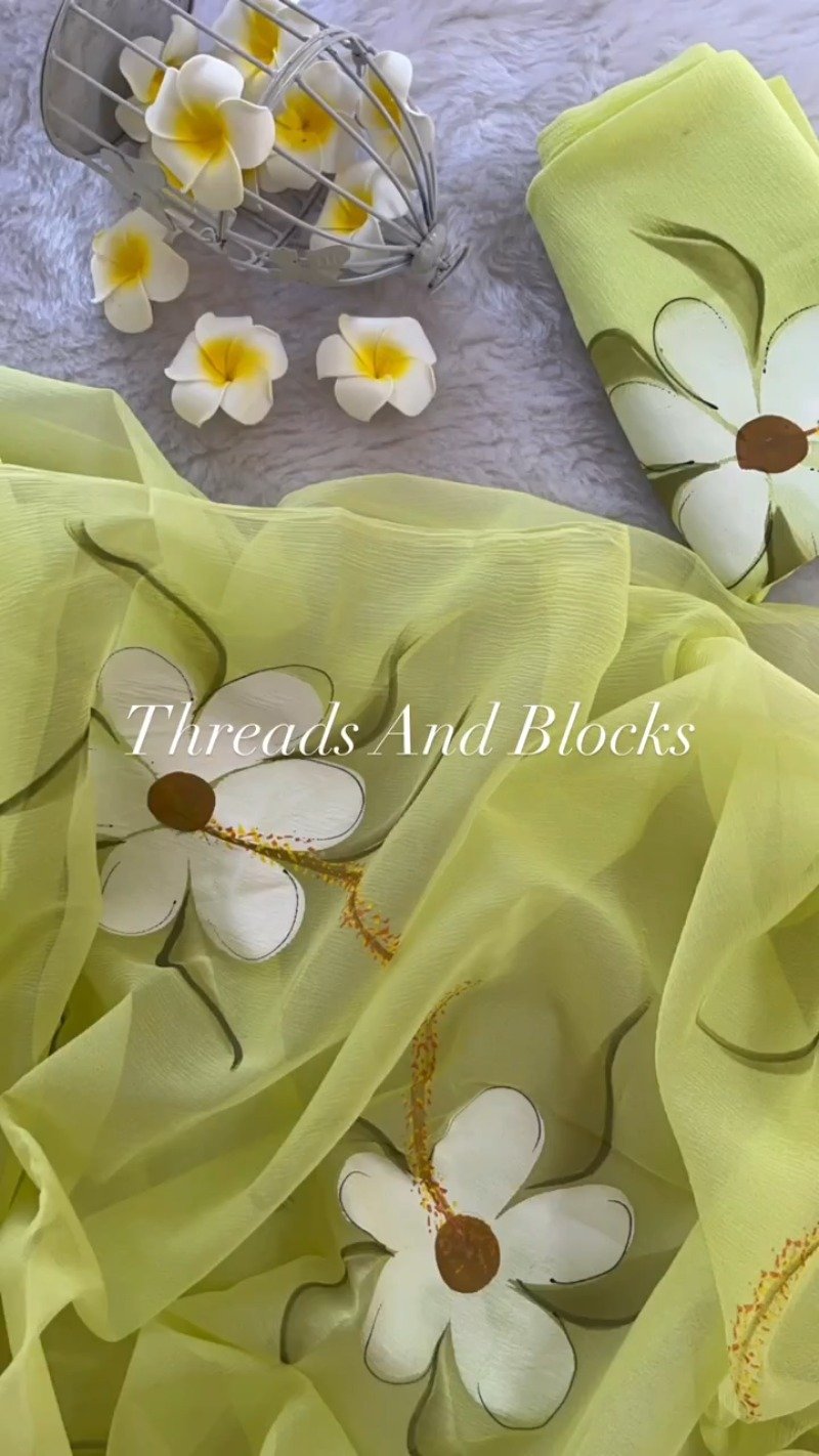 Sun-Kissed Floral Hand-Painted Chiffon Saree – Available in Lemon Yellow & Pastel Sage