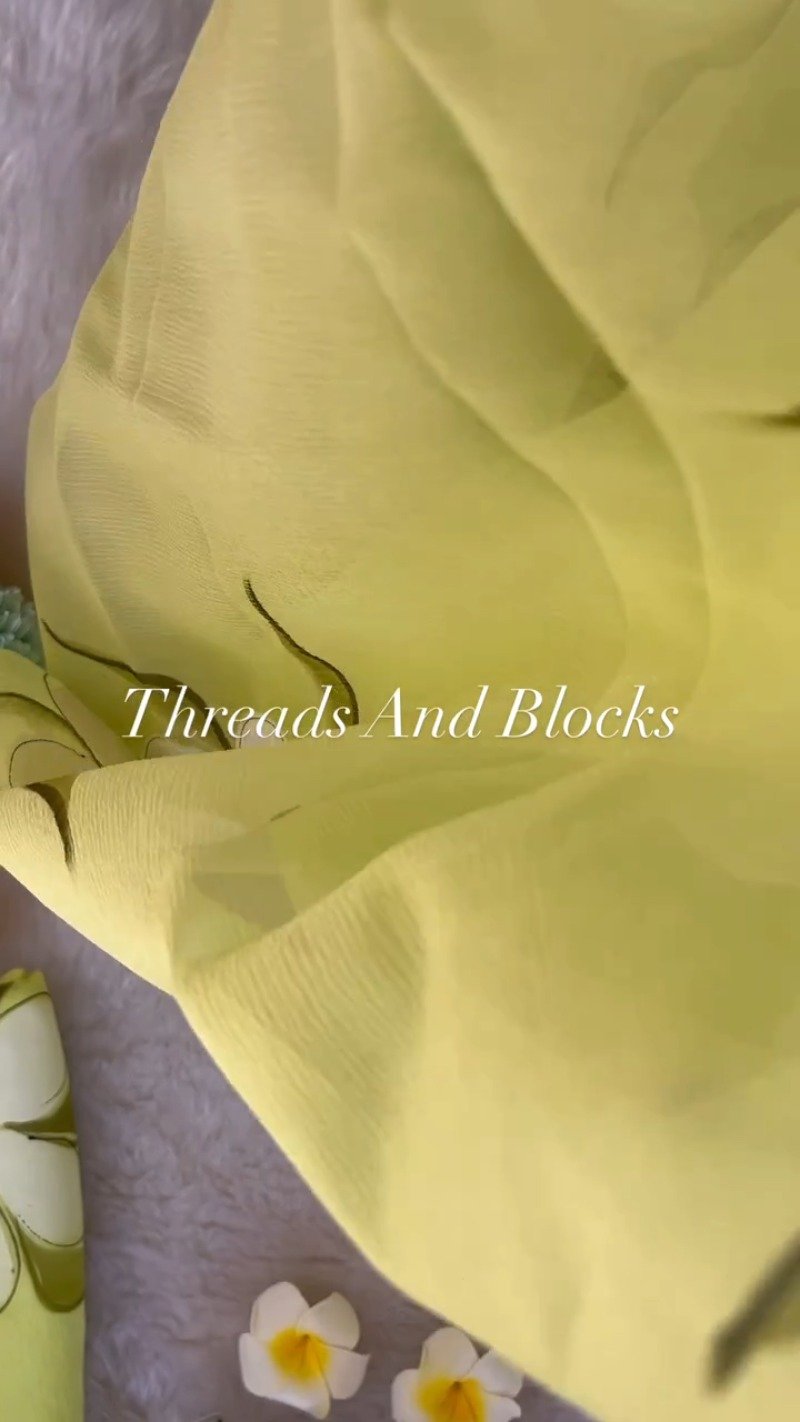Sun-Kissed Floral Hand-Painted Chiffon Saree – Available in Lemon Yellow & Pastel Sage