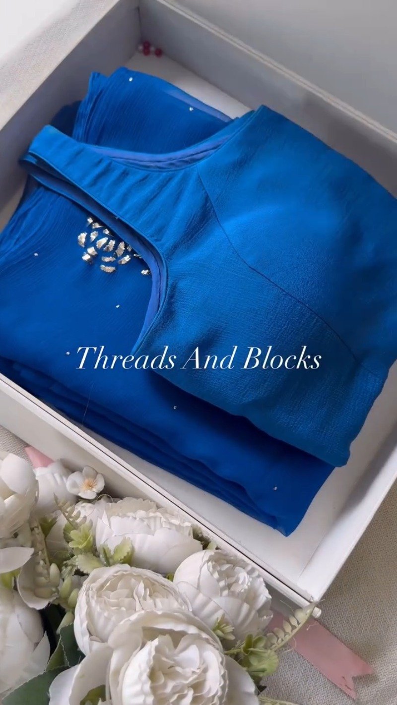 Royal Azure Chiffon Saree with Hand-Embellished Floral Motif – Available in Royal Blue