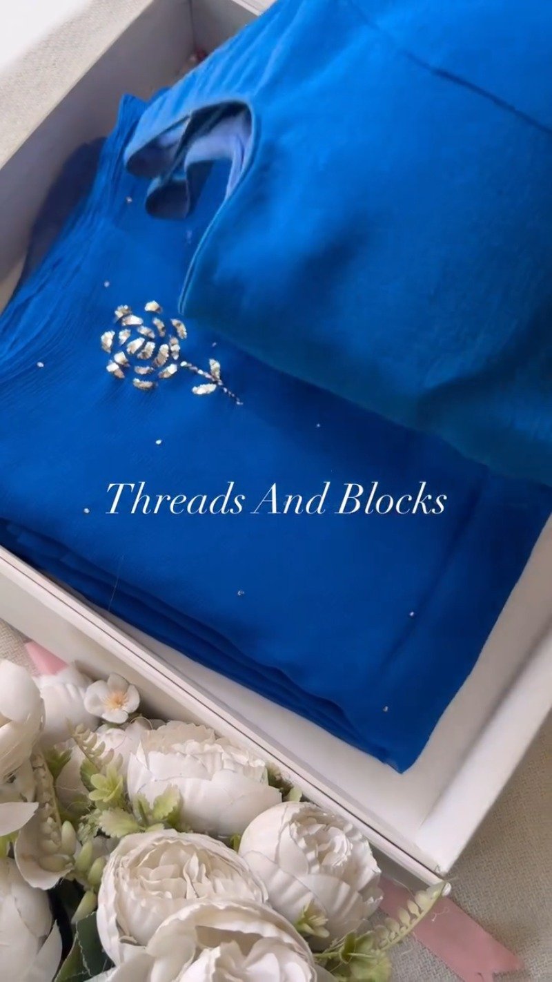 Royal Azure Chiffon Saree with Hand-Embellished Floral Motif – Available in Royal Blue