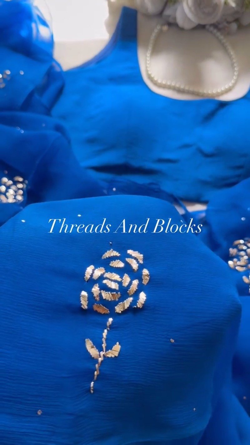 Royal Azure Chiffon Saree with Hand-Embellished Floral Motif – Available in Royal Blue