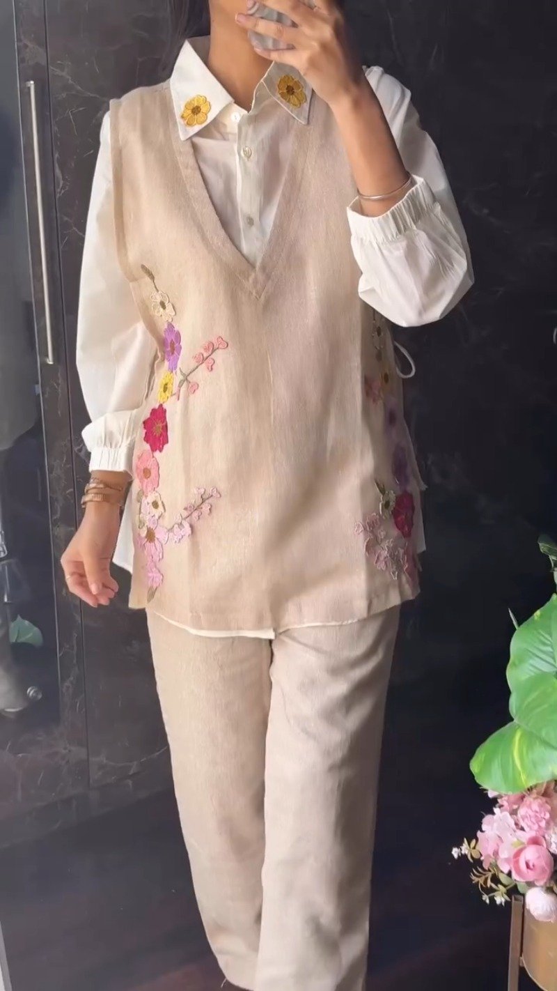 Floral Garden Embroidered Linen Co-ord Set – Beige with White Inner Shirt