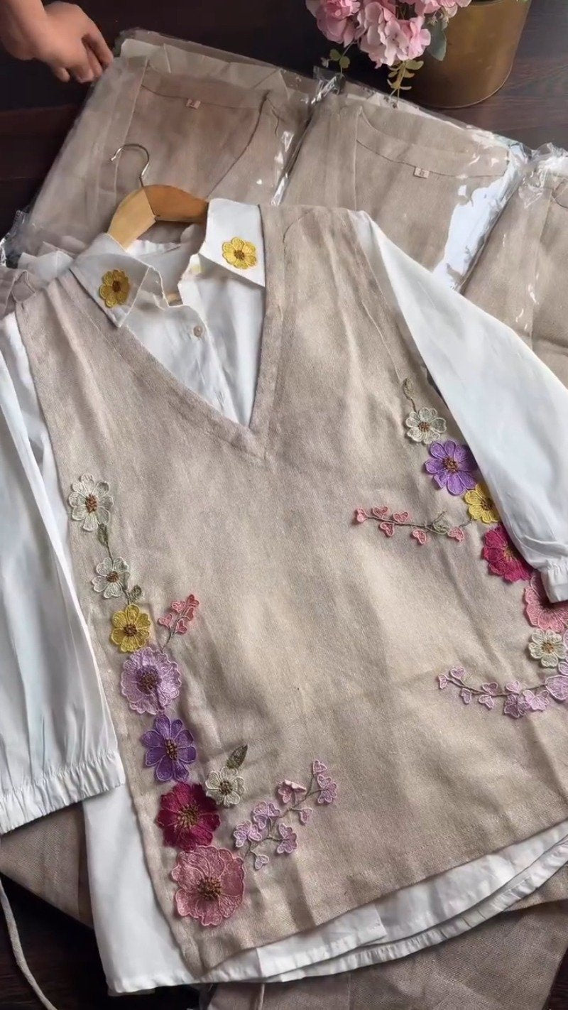 Floral Garden Embroidered Linen Co-ord Set – Beige with White Inner Shirt