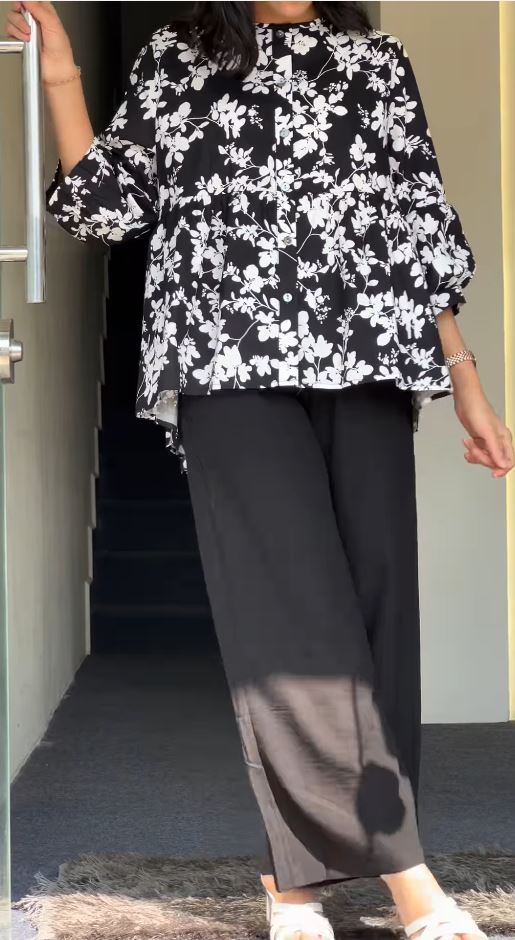 Floral Print Peplum Tunic and Wide-Leg Trouser Set