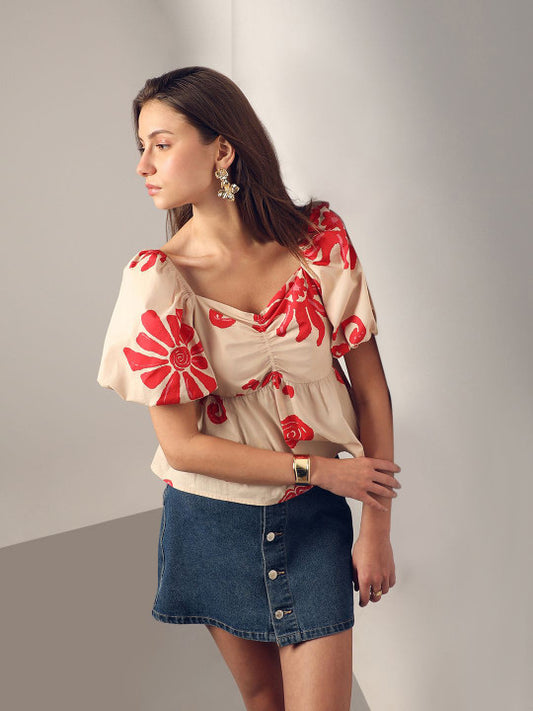 Women Floral Print Balloon Sleeve Peplum Top