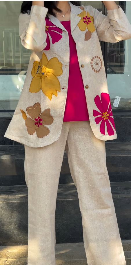 Floral Applique Jute Linen 3-Piece Co-ord Set