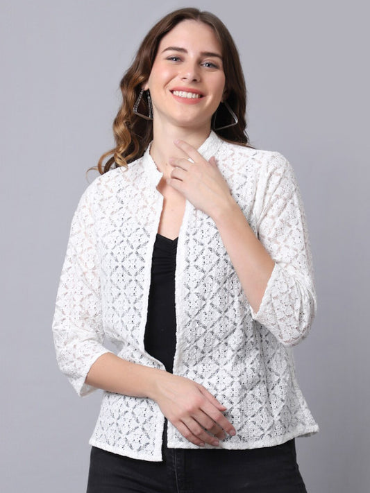 Women White Self-Design Open-Front Cotton Shrug