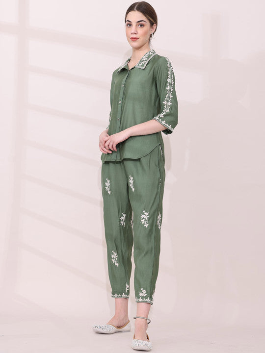 Green Floral Embroidered Shirt with Trousers Co-ord Set