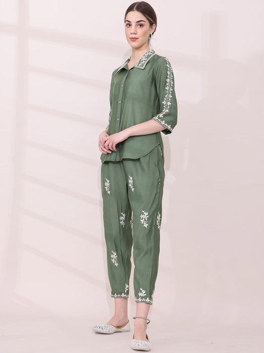 Green Floral Embroidered Shirt with Trousers Co-ord Set