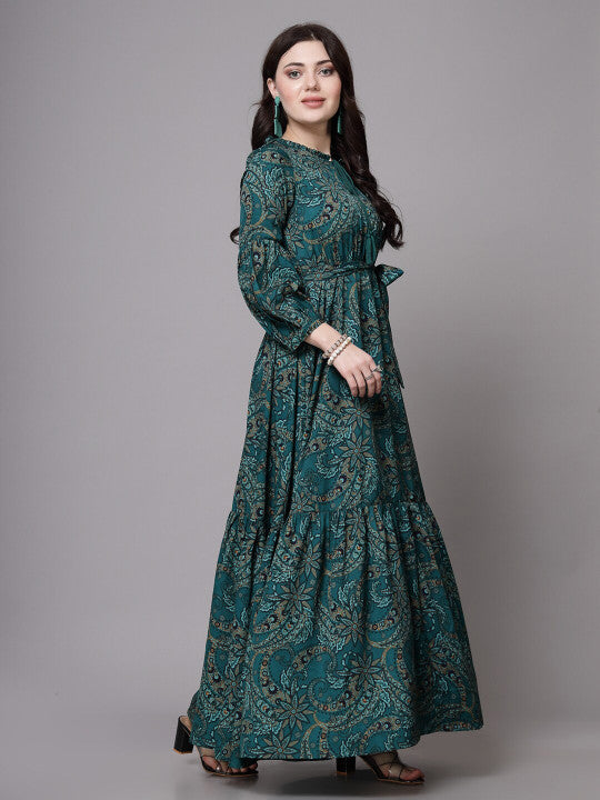 Floral Printed Mandarin Collar Cuffed Sleeves Tiered Maxi Dress