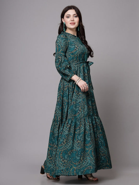 Floral Printed Mandarin Collar Cuffed Sleeves Tiered Maxi Dress