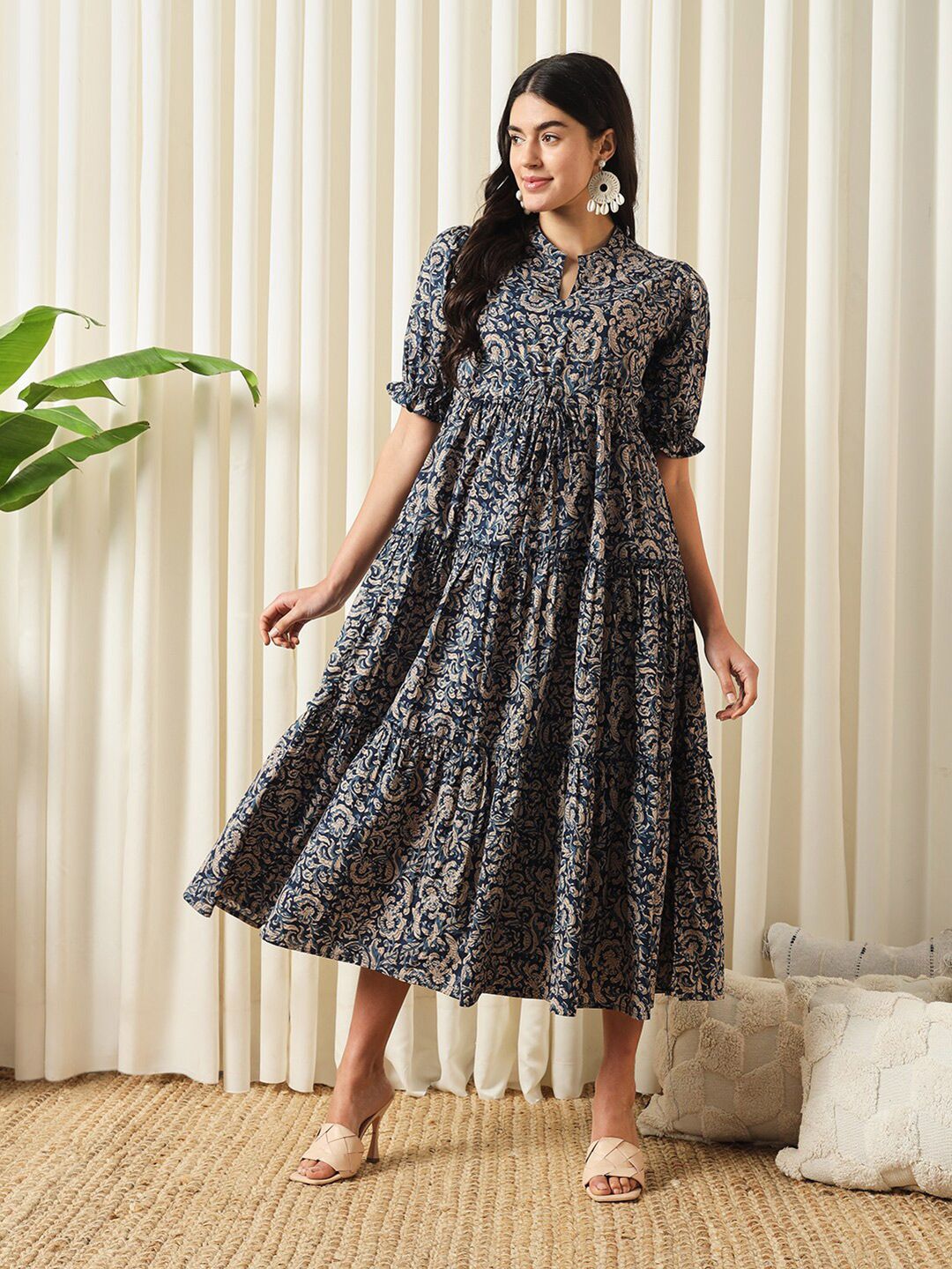 Navy Blue Ethnic Printed Tiered Fit and Flare Midi Dress