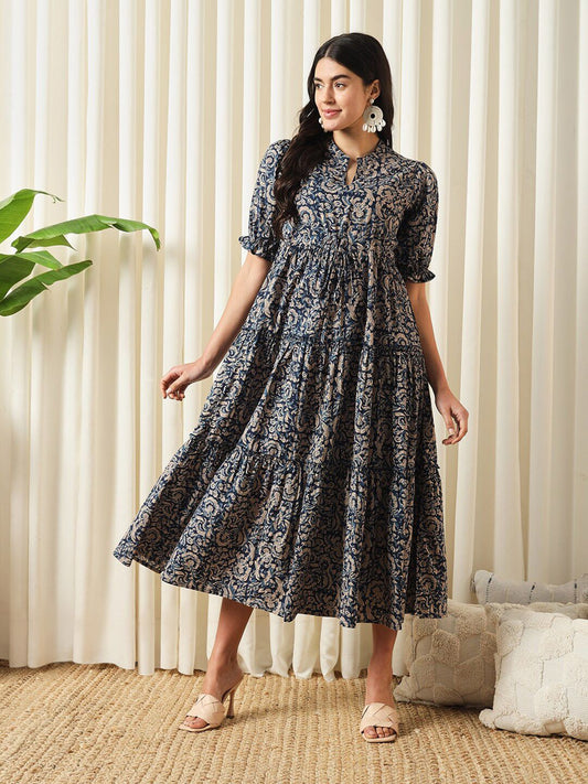 Navy Blue Ethnic Printed Tiered Fit and Flare Midi Dress