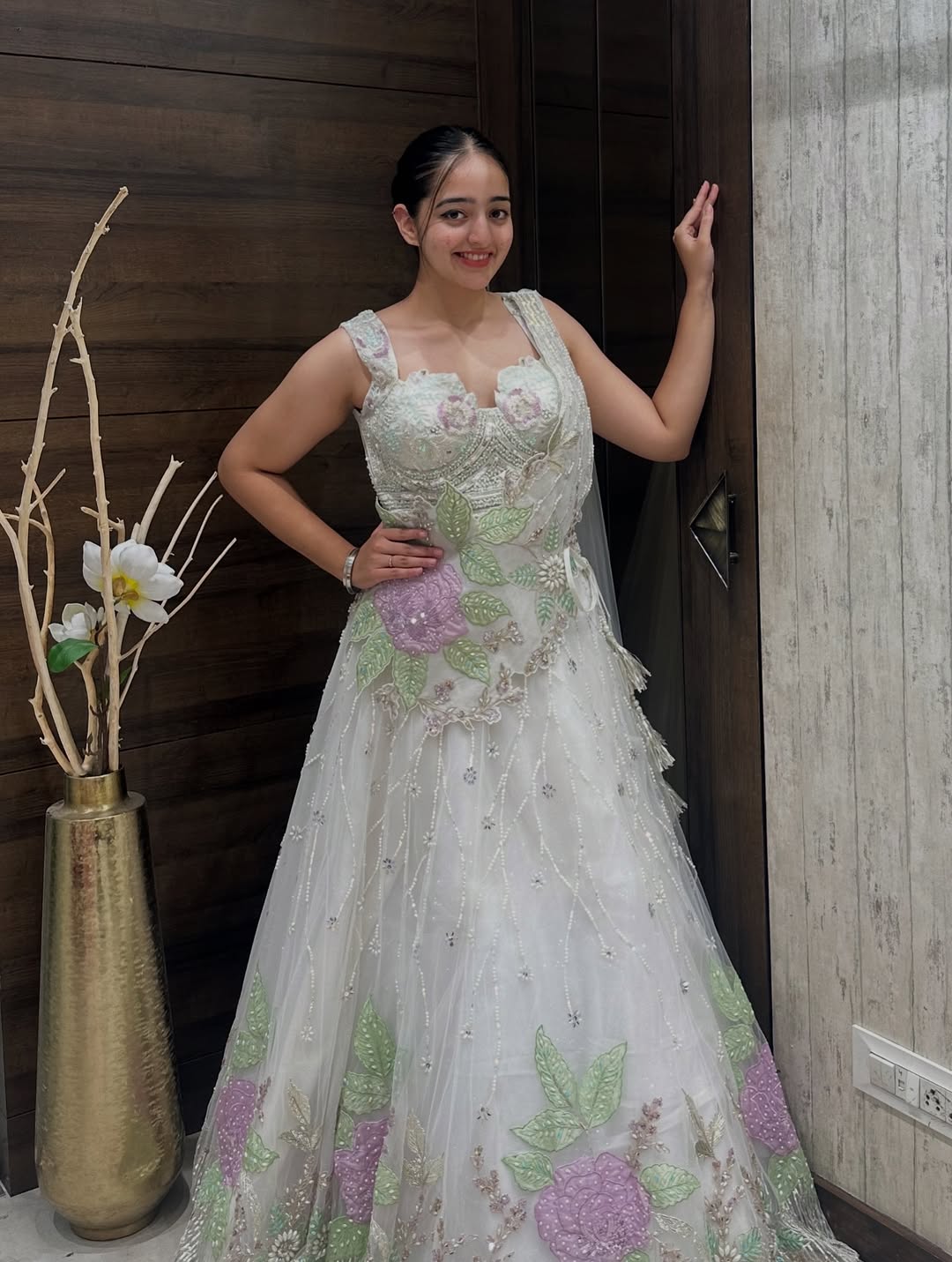 White Embroidered Net Gown with Pastel Floral Work