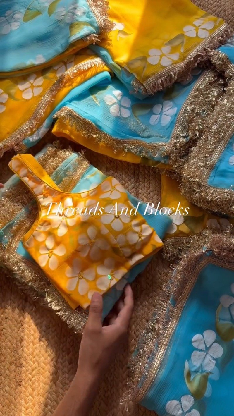 Sunshine & Sky Floral Hand-Painted Saree Set – Available in Vibrant Yellow & Serene Aqua Blue