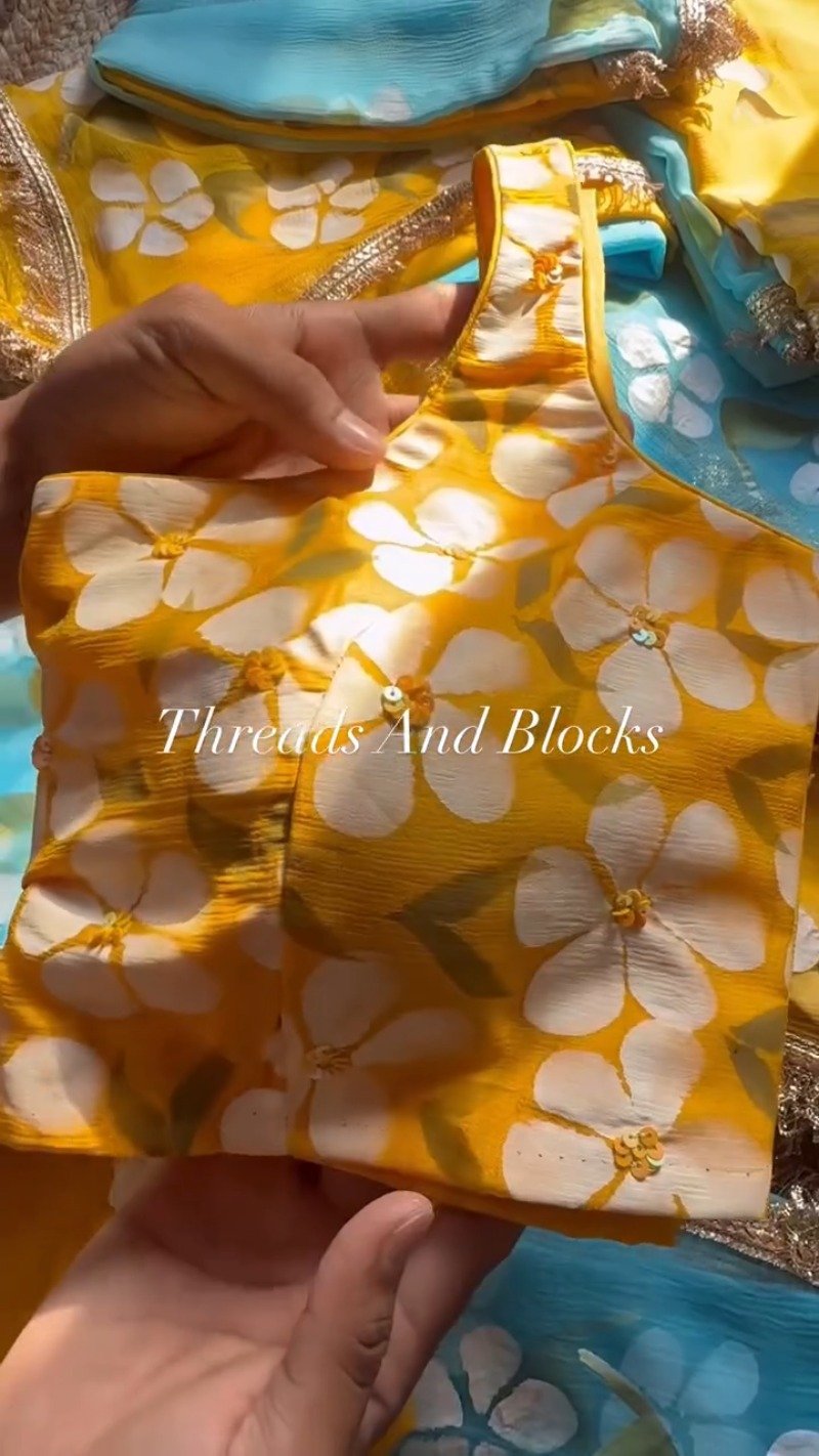 Sunshine & Sky Floral Hand-Painted Saree Set – Available in Vibrant Yellow & Serene Aqua Blue