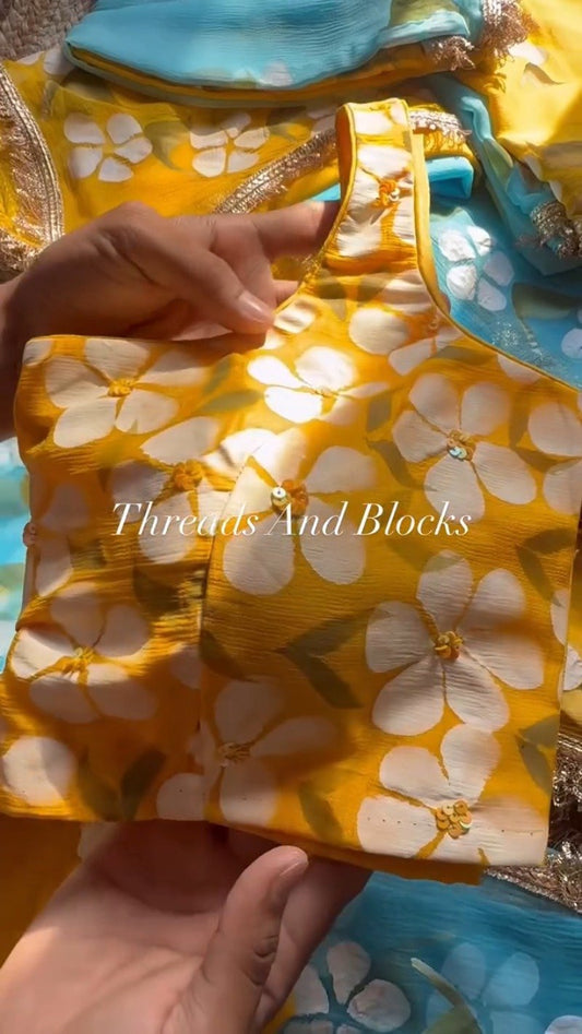 Sunshine & Sky Floral Hand-Painted Saree Set – Available in Vibrant Yellow & Serene Aqua Blue
