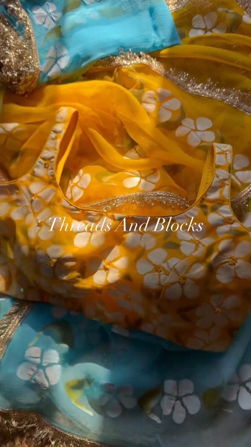 Sunshine & Sky Floral Hand-Painted Saree Set – Available in Vibrant Yellow & Serene Aqua Blue