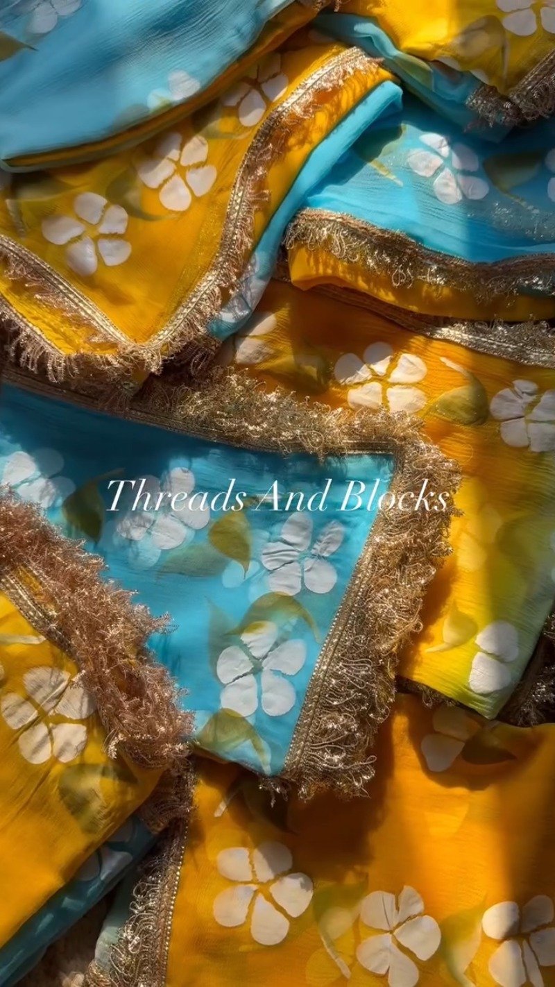 Sunshine & Sky Floral Hand-Painted Saree Set – Available in Vibrant Yellow & Serene Aqua Blue