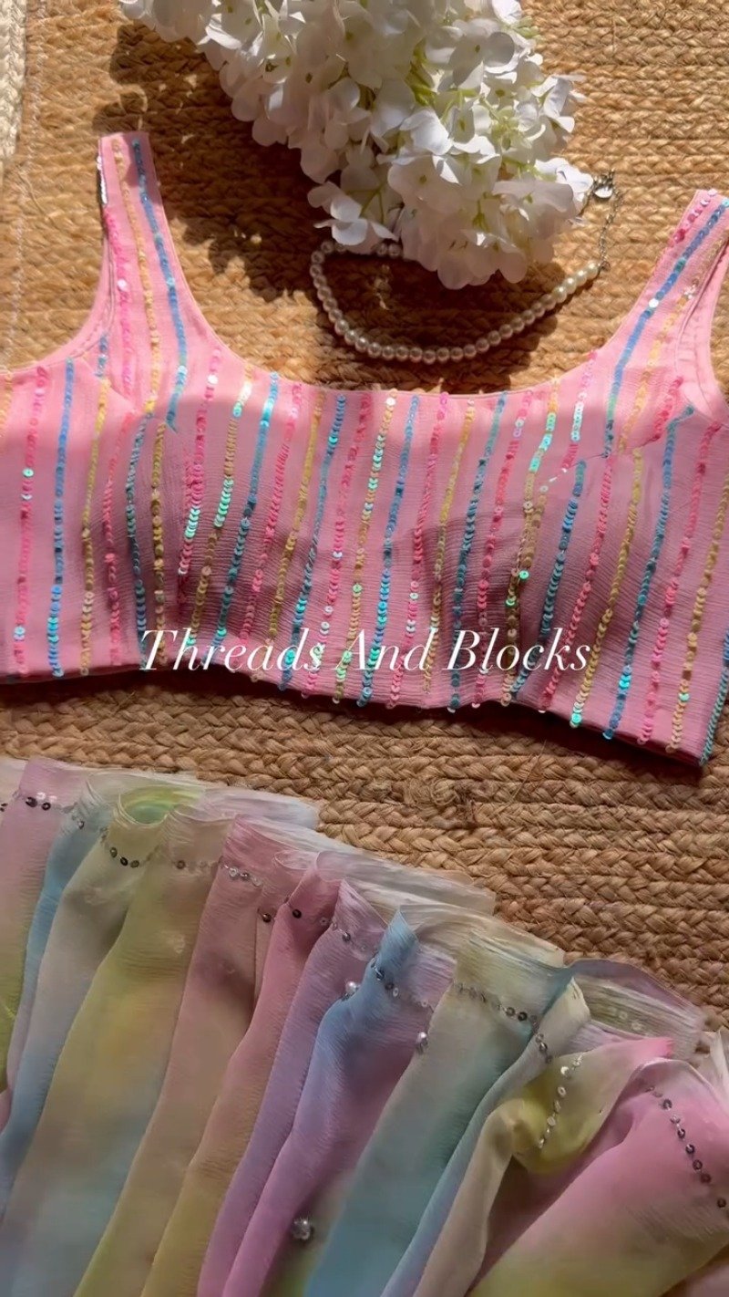 Pastel Rainbow Sequined Blouse with Tie-Dye Saree Set