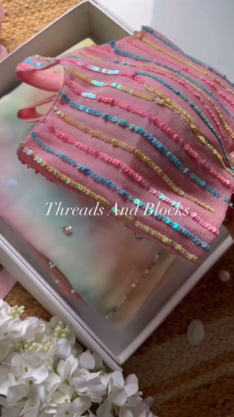 Pastel Rainbow Sequined Blouse with Tie-Dye Saree Set