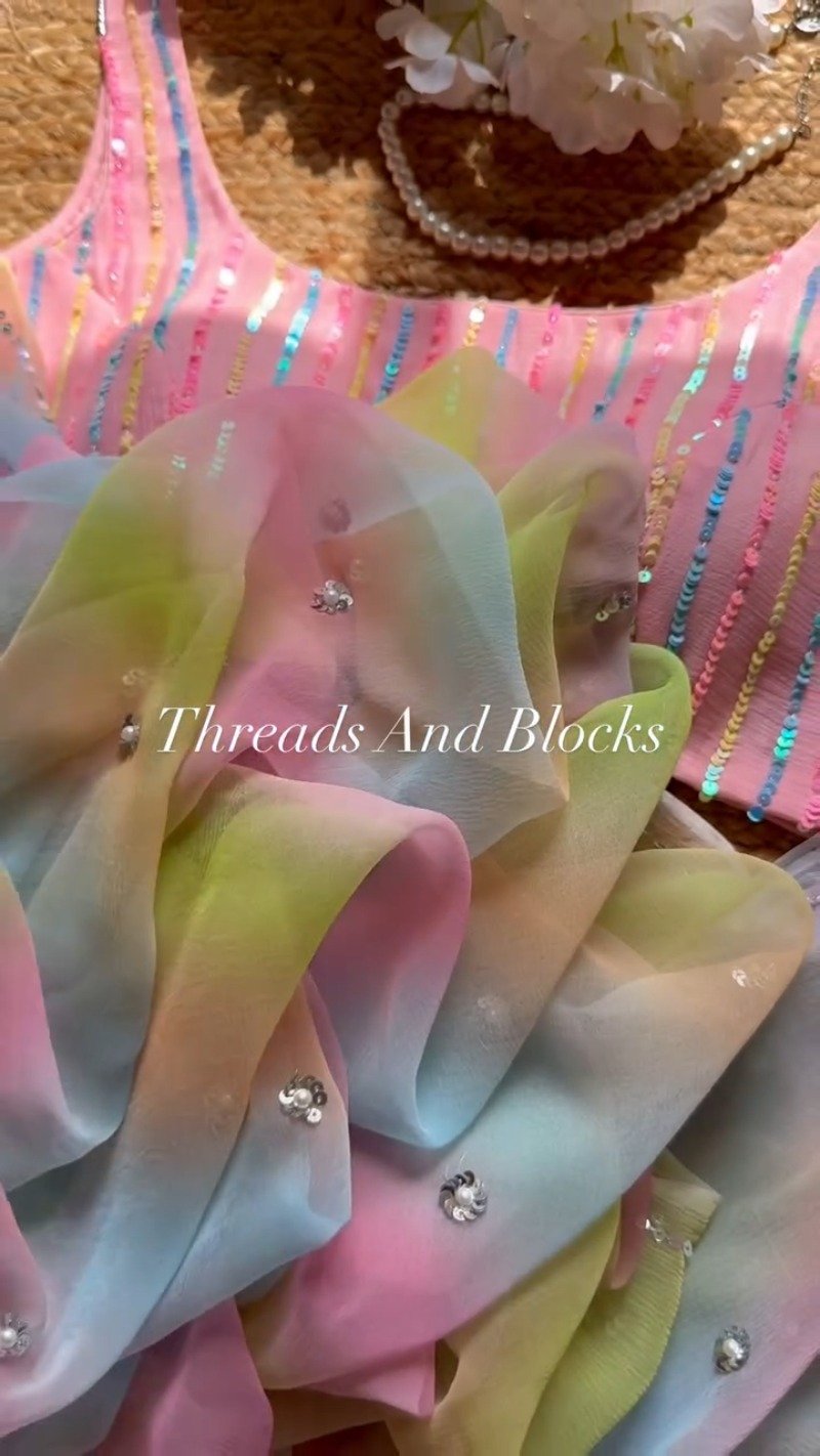 Pastel Rainbow Sequined Blouse with Tie-Dye Saree Set