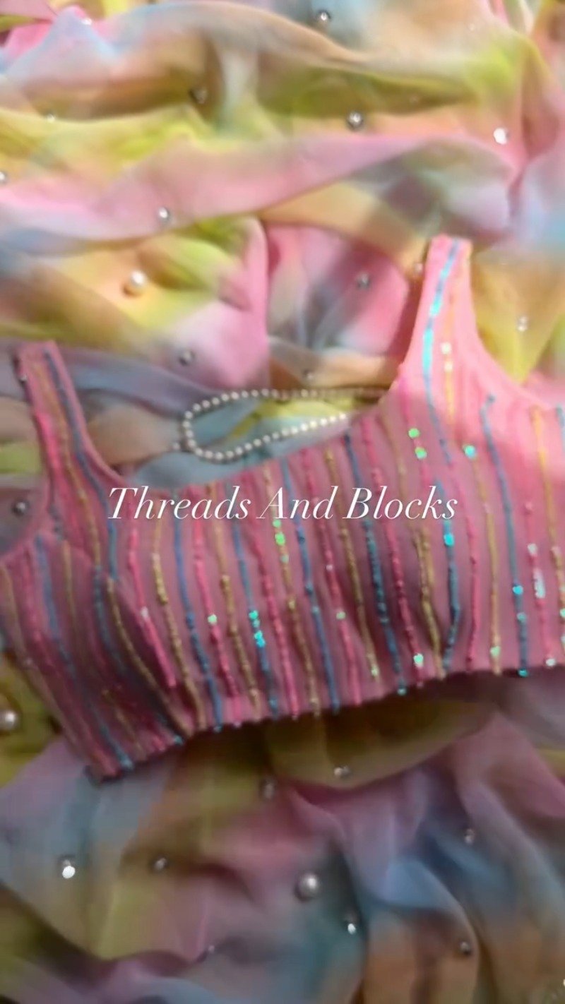 Pastel Rainbow Sequined Blouse with Tie-Dye Saree Set