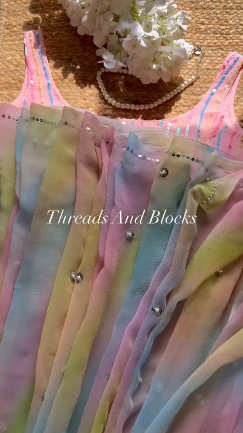 Pastel Rainbow Sequined Blouse with Tie-Dye Saree Set