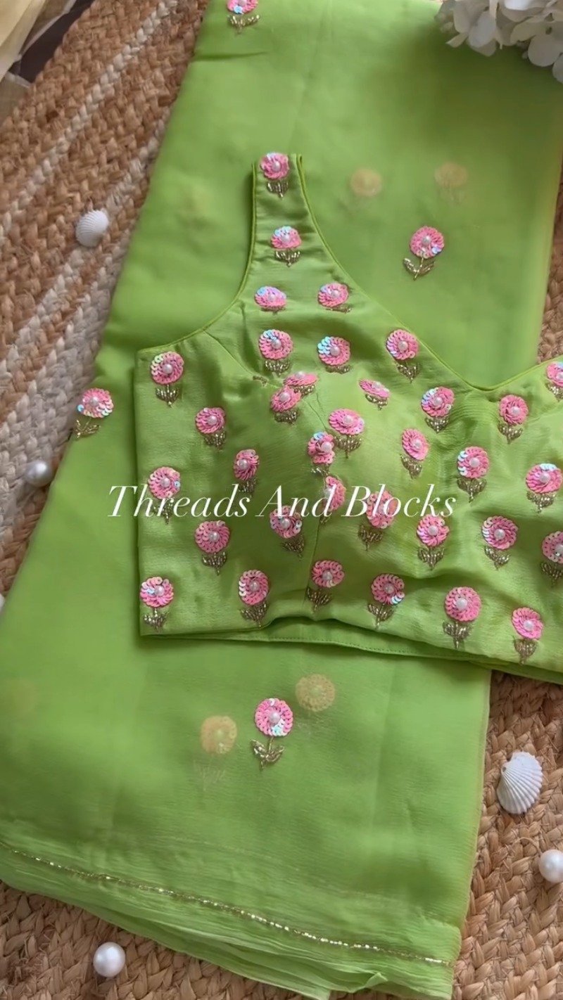 Verdant Lime Floral Sequin Embellished Saree Set