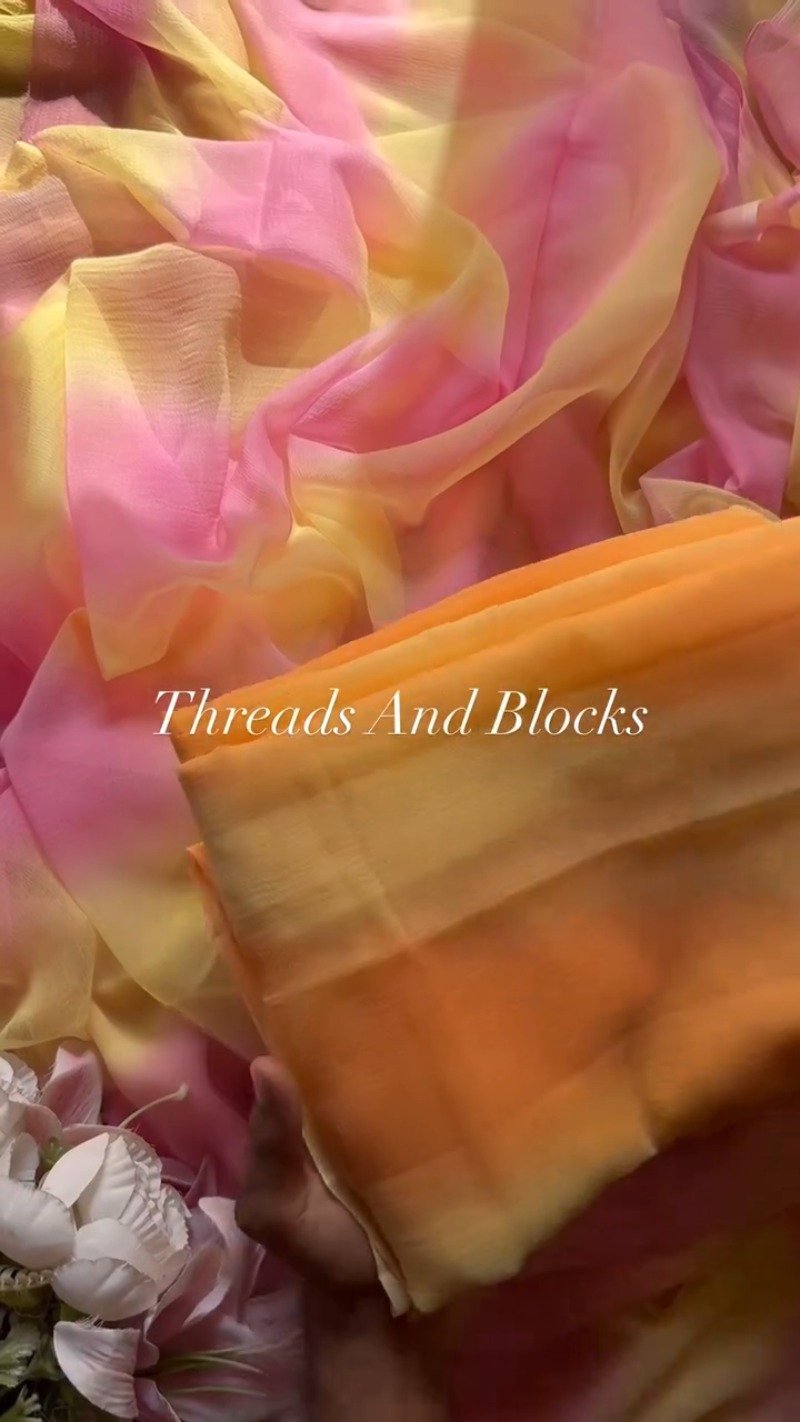 Sun-Kissed Ombré Chiffon Saree with Pearl Embellishments – Available in Sunset Orange & Tropical Pink