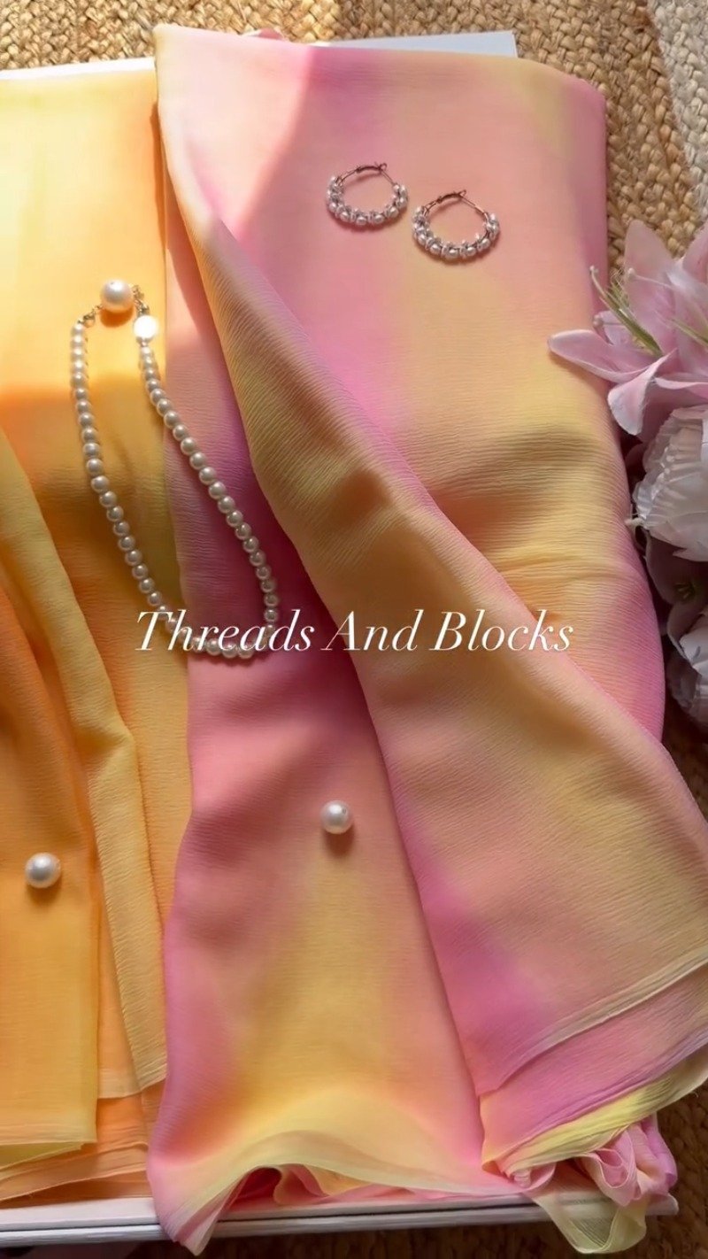 Sun-Kissed Ombré Chiffon Saree with Pearl Embellishments – Available in Sunset Orange & Tropical Pink