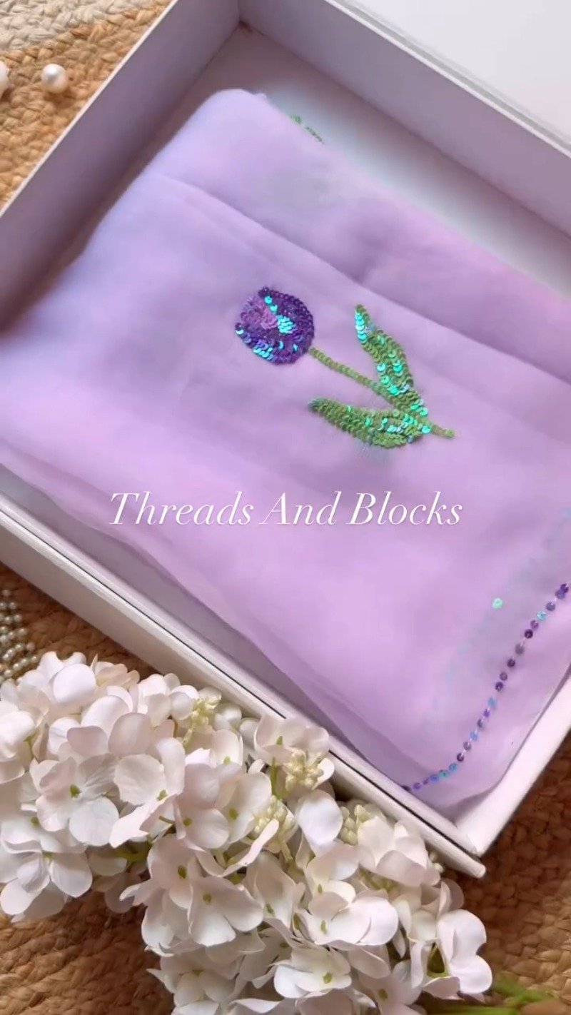 Lavender Floral Sequin Embroidered Saree Set – Available in Lavender & Deep Purple