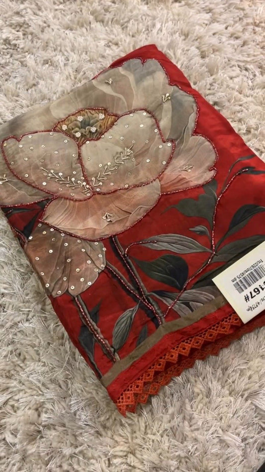 Exquisite Floral Organza Embroidered Saree – Available in Classic Black & Vibrant Crimson