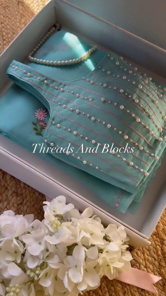 Serene Aqua Pearl Embellished Floral Saree Set
