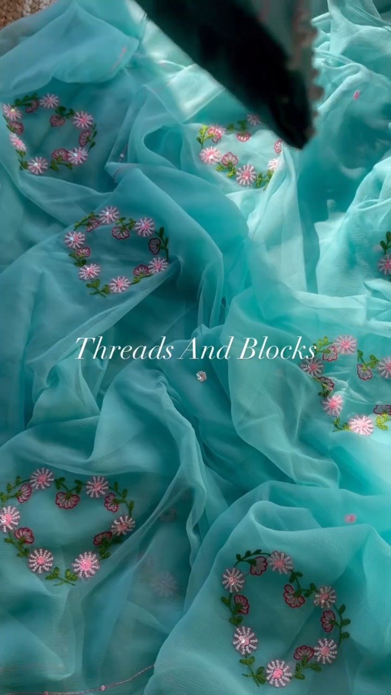 Serene Aqua Pearl Embellished Floral Saree Set