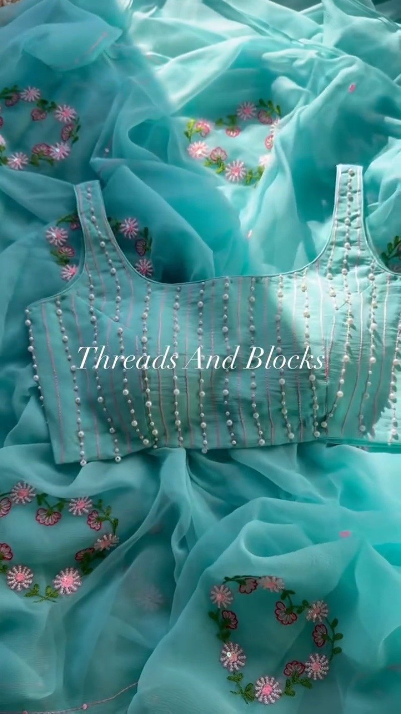 Serene Aqua Pearl Embellished Floral Saree Set