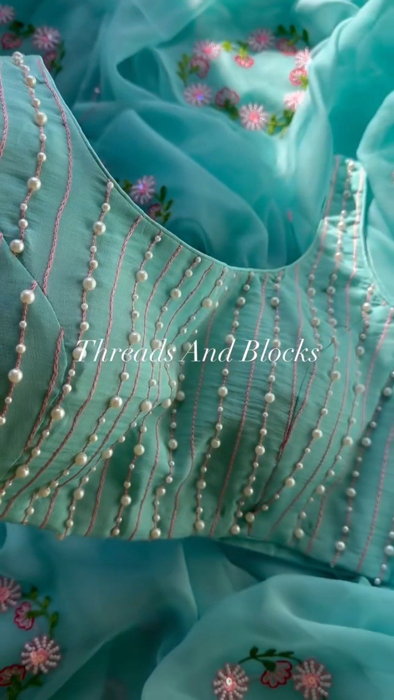 Serene Aqua Pearl Embellished Floral Saree Set