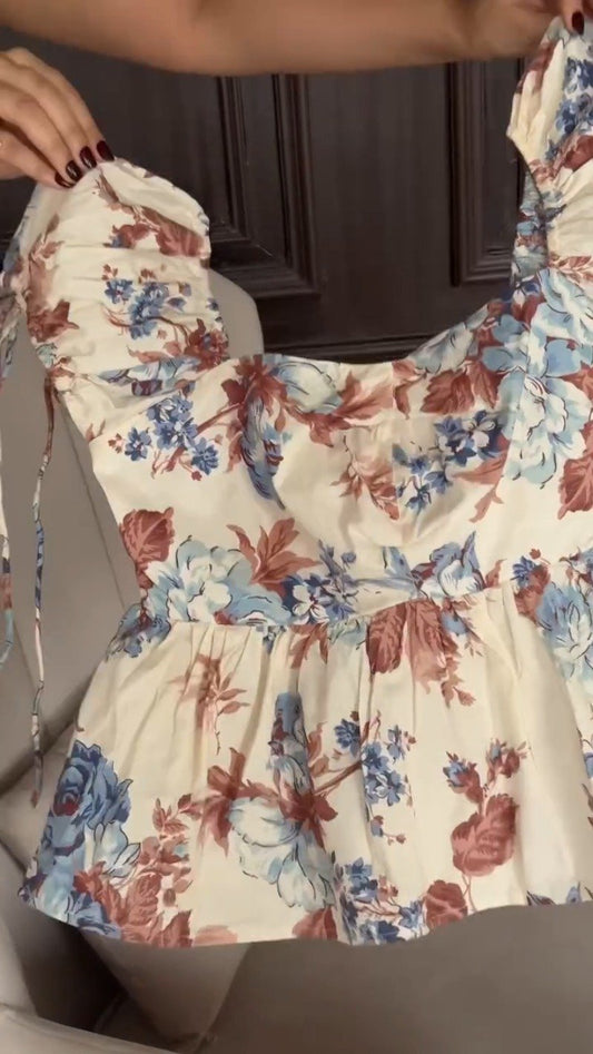 Vintage Rose Print Square-Neck Peplum Top with Tie-Up Sleeves
