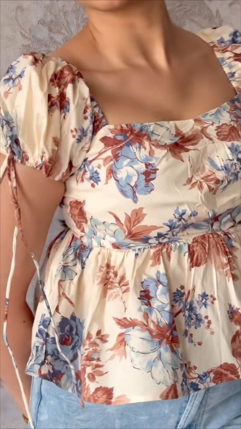 Vintage Rose Print Square-Neck Peplum Top with Tie-Up Sleeves