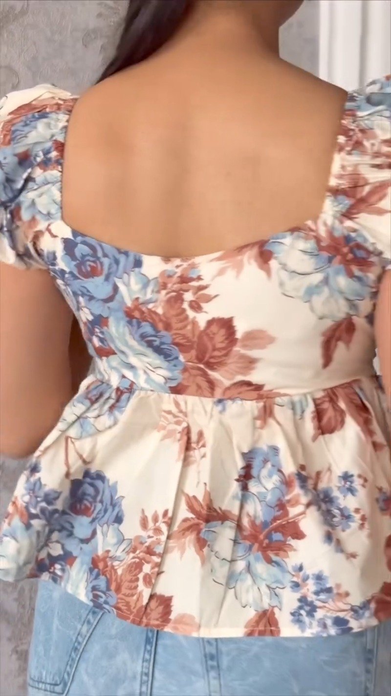Vintage Rose Print Square-Neck Peplum Top with Tie-Up Sleeves