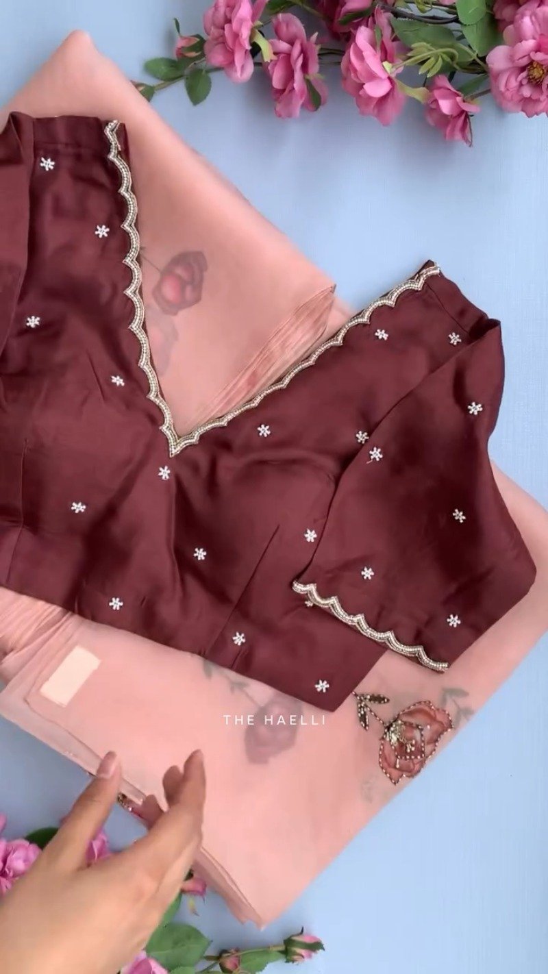 Maroon Scalloped Hand-Embellished Blouse with Peach Floral Organza Saree