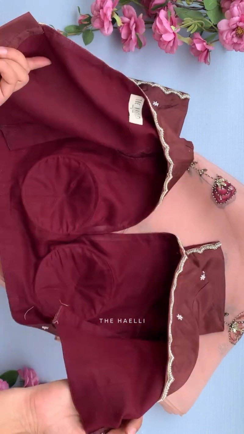Maroon Scalloped Hand-Embellished Blouse with Peach Floral Organza Saree