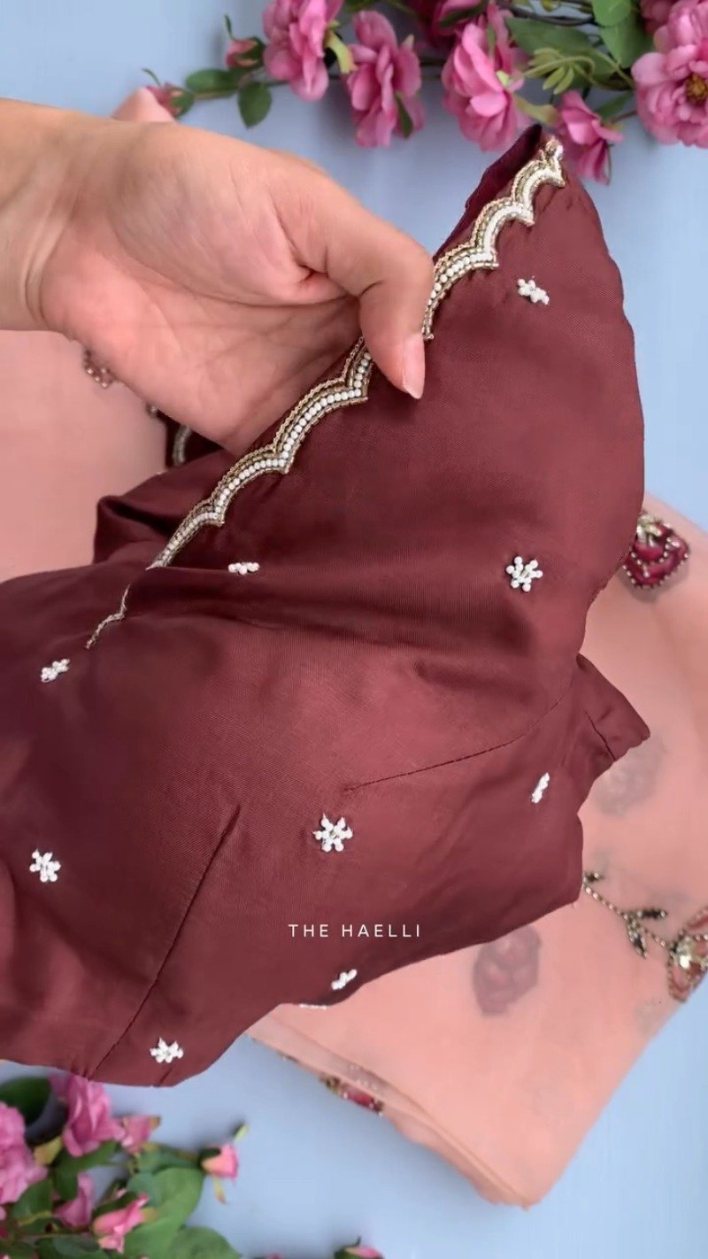 Maroon Scalloped Hand-Embellished Blouse with Peach Floral Organza Saree