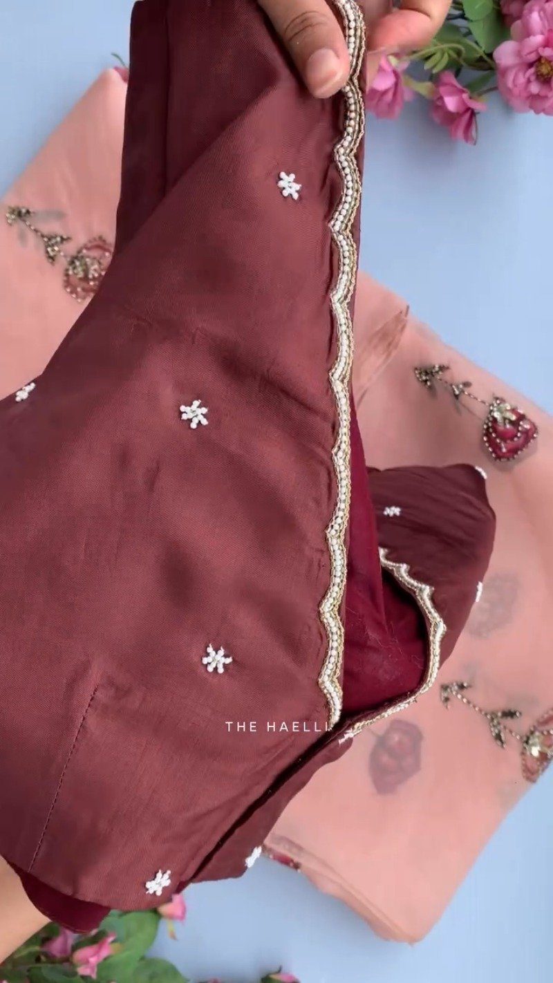 Maroon Scalloped Hand-Embellished Blouse with Peach Floral Organza Saree