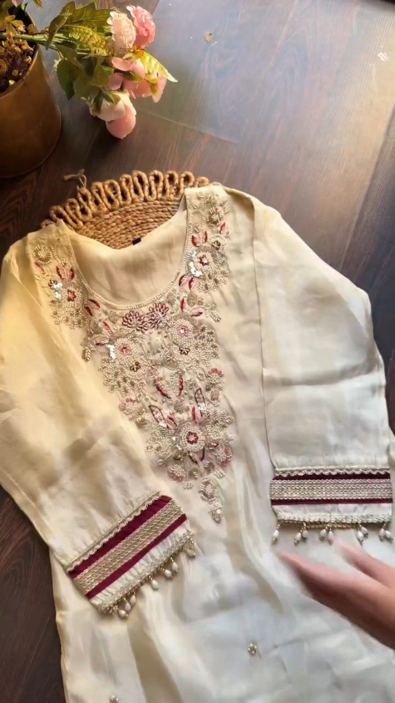Ethereal Pearl Cream Embroidered Silk Kurta Set with Striped Organza Dupatta
