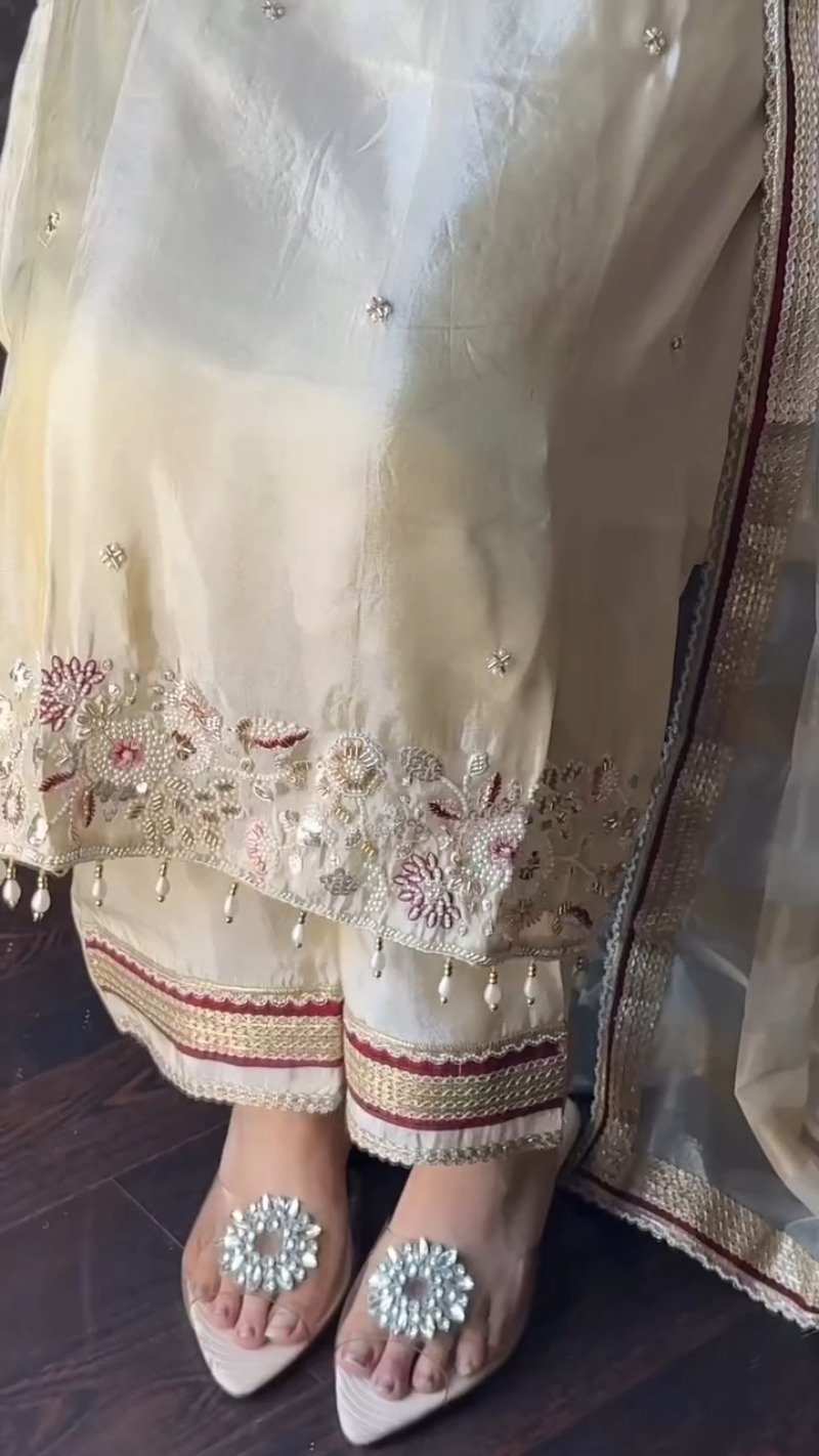 Ethereal Pearl Cream Embroidered Silk Kurta Set with Striped Organza Dupatta