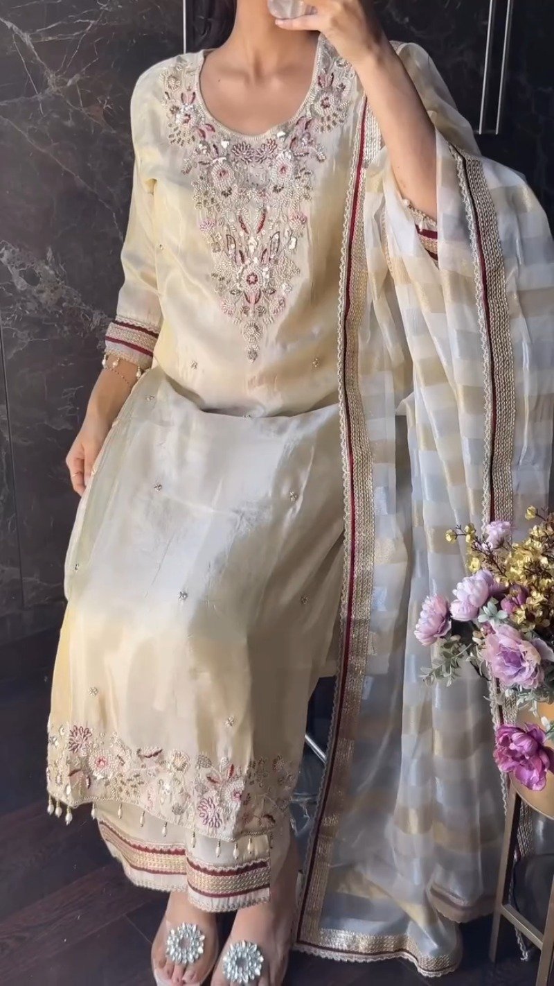 Ethereal Pearl Cream Embroidered Silk Kurta Set with Striped Organza Dupatta